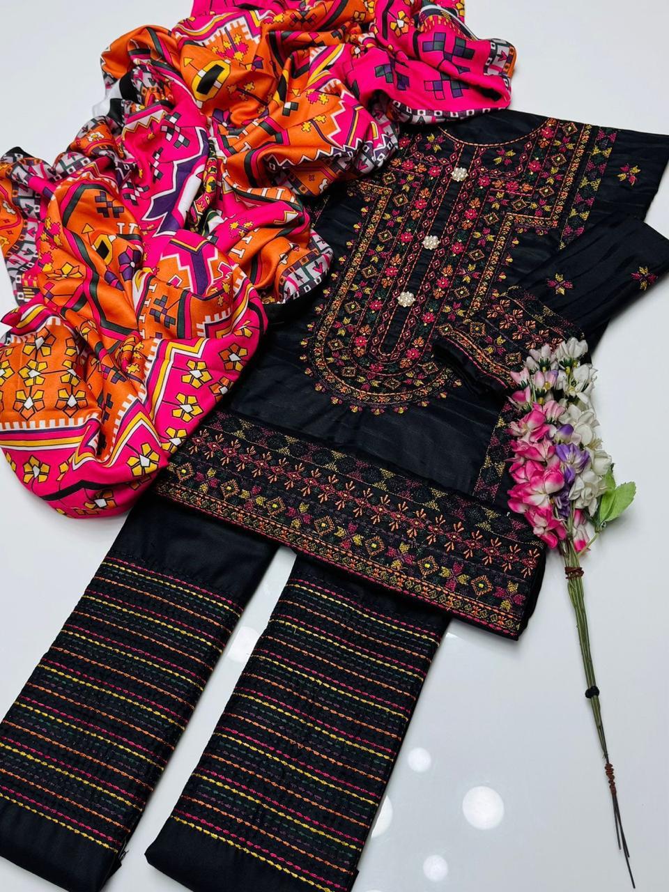 Boutique Style Embroidered Dhanak Suit with Digital Printed Shawl – 3 Piece