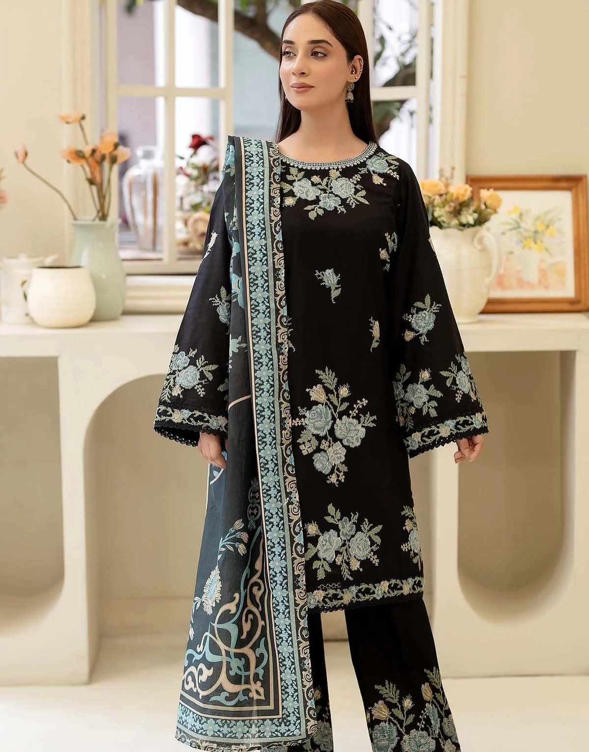 Cross Stitch Embroidered Dhanak Suit with Digital Printed Pashmina Shawl – 3 Piece