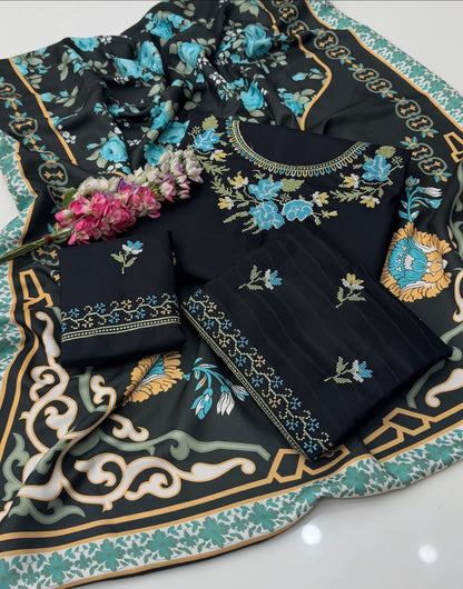 Cross Stitch Embroidered Dhanak Suit with Digital Printed Pashmina Shawl – 3 Piece