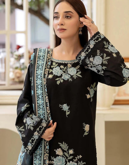 Cross Stitch Embroidered Dhanak Suit with Digital Printed Pashmina Shawl – 3 Piece