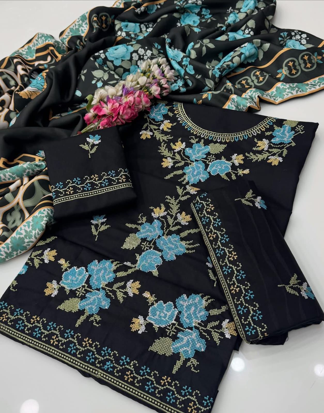 Cross Stitch Embroidered Dhanak Suit with Digital Printed Pashmina Shawl – 3 Piece