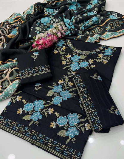 Cross Stitch Embroidered Dhanak Suit with Digital Printed Pashmina Shawl – 3 Piece