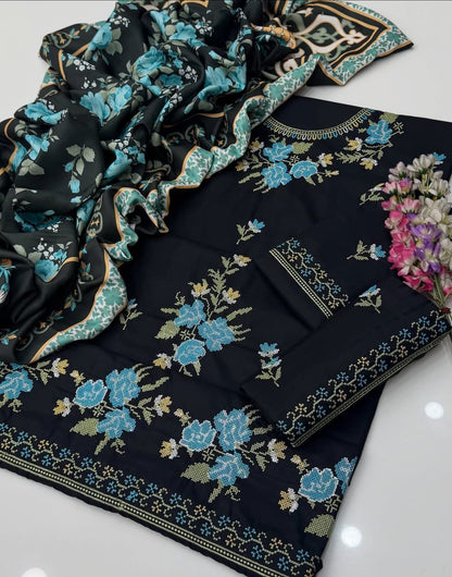 Cross Stitch Embroidered Dhanak Suit with Digital Printed Pashmina Shawl – 3 Piece