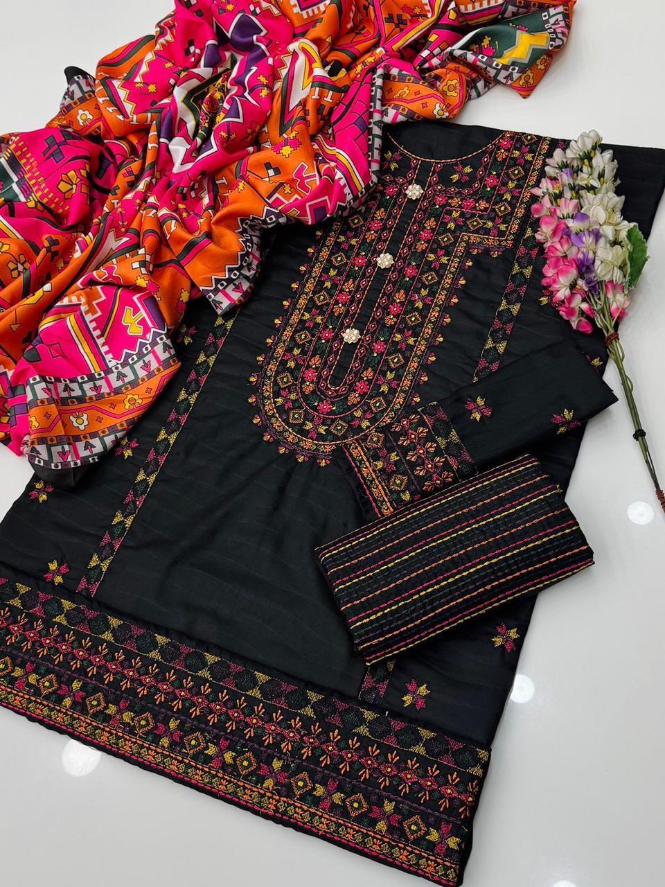 Boutique Style Embroidered Dhanak Suit with Digital Printed Shawl – 3 Piece