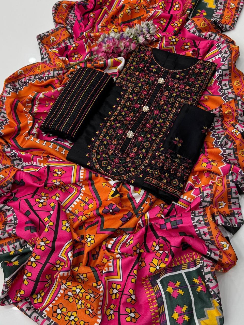 Boutique Style Embroidered Dhanak Suit with Digital Printed Shawl – 3 Piece