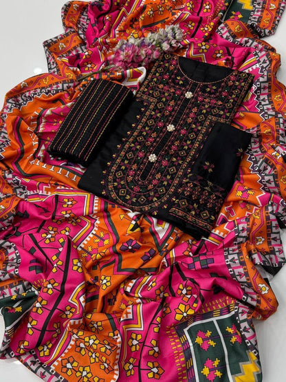 Boutique Style Embroidered Dhanak Suit with Digital Printed Shawl – 3 Piece