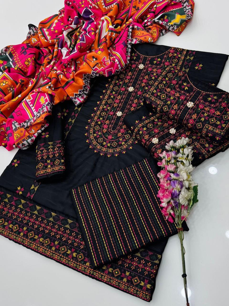 Boutique Style Embroidered Dhanak Suit with Digital Printed Shawl – 3 Piece