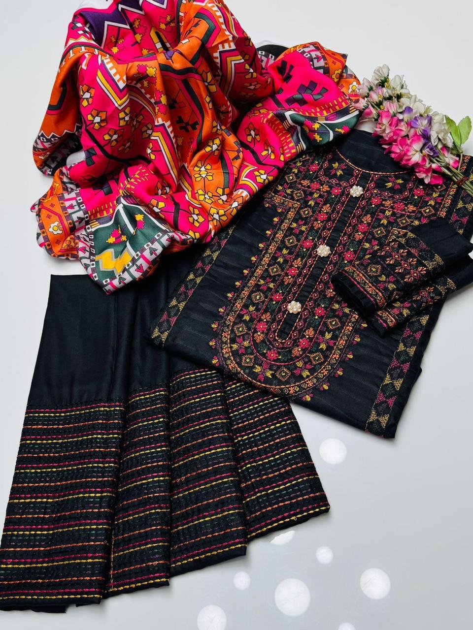 Boutique Style Embroidered Dhanak Suit with Digital Printed Shawl – 3 Piece