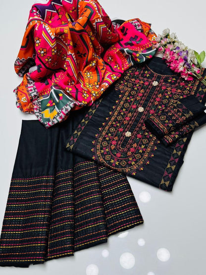 Boutique Style Embroidered Dhanak Suit with Digital Printed Shawl – 3 Piece