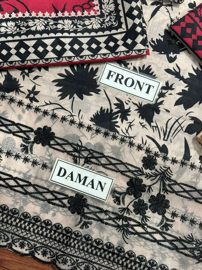 Zainab Chottani Inspired Unstitched Lawn Suit – Embroidered Neck & Daman | Printed Lawn | Plain Trouser